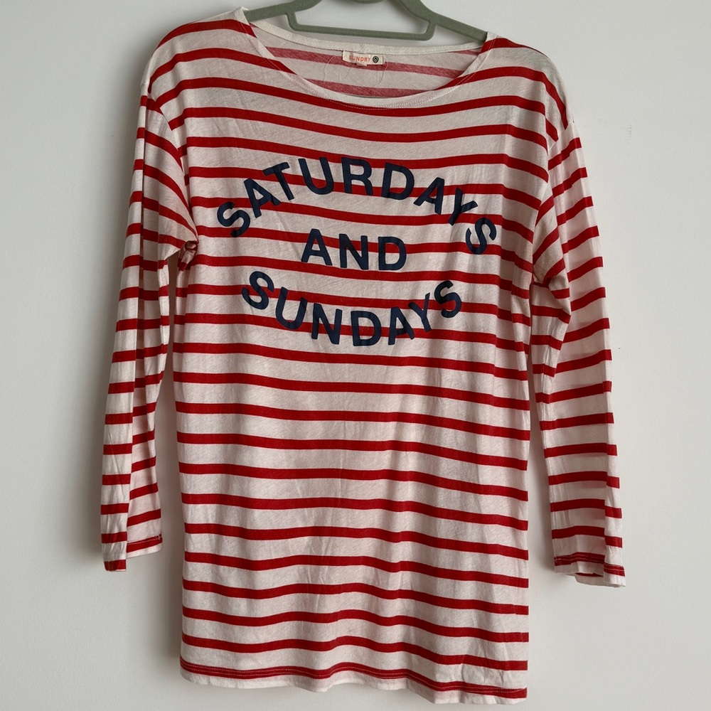 Striped "Saturday's and Sundays" three quarter Sleeve Tee - Red & White